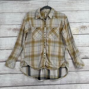 Free People Plaid Button Down 4 Pocket Shirt Womens XS Beige Tan